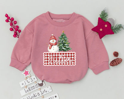 Personalized Baby First Christmas Romper with Snowman & Tree Design Toddler Holiday Outfit Infant Bodysuit Gingham Pattern Festive Red Green White