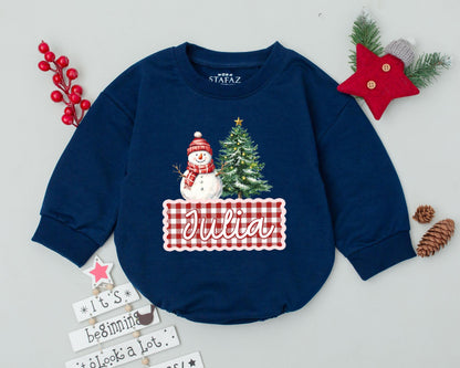 Personalized Baby First Christmas Romper with Snowman & Tree Design Toddler Holiday Outfit Infant Bodysuit Gingham Pattern Festive Red Green White