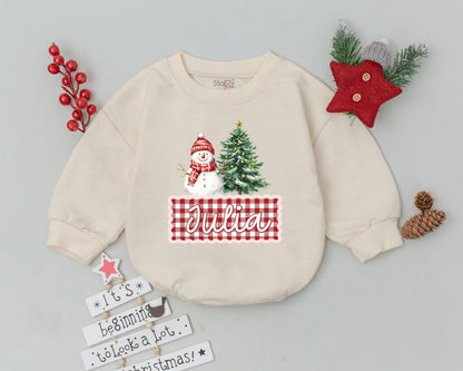 Personalized Baby First Christmas Romper with Snowman & Tree Design Toddler Holiday Outfit Infant Bodysuit Gingham Pattern Festive Red Green White