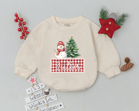 Personalized Baby First Christmas Romper with Snowman & Tree Design Toddler Holiday Outfit Infant Bodysuit Gingham Pattern Festive Red Green White