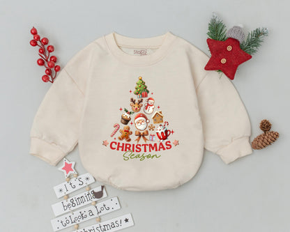 Christmas Season Baby Romper Vintage Whimsical Holiday Newborn Outfit festive Santa reindeer snowman design infant bodysuit gift.