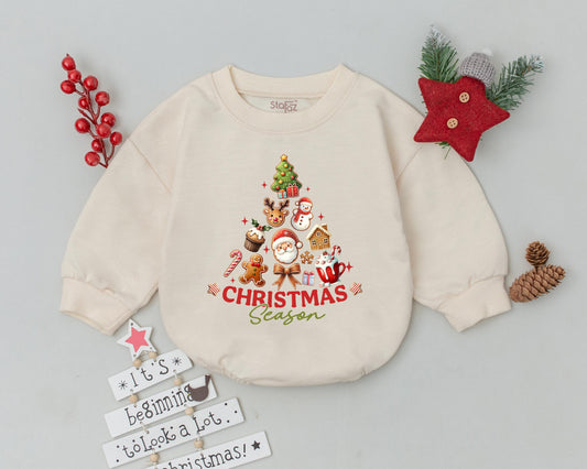 Christmas Season Baby Romper Vintage Whimsical Holiday Newborn Outfit festive Santa reindeer snowman design infant bodysuit gift.