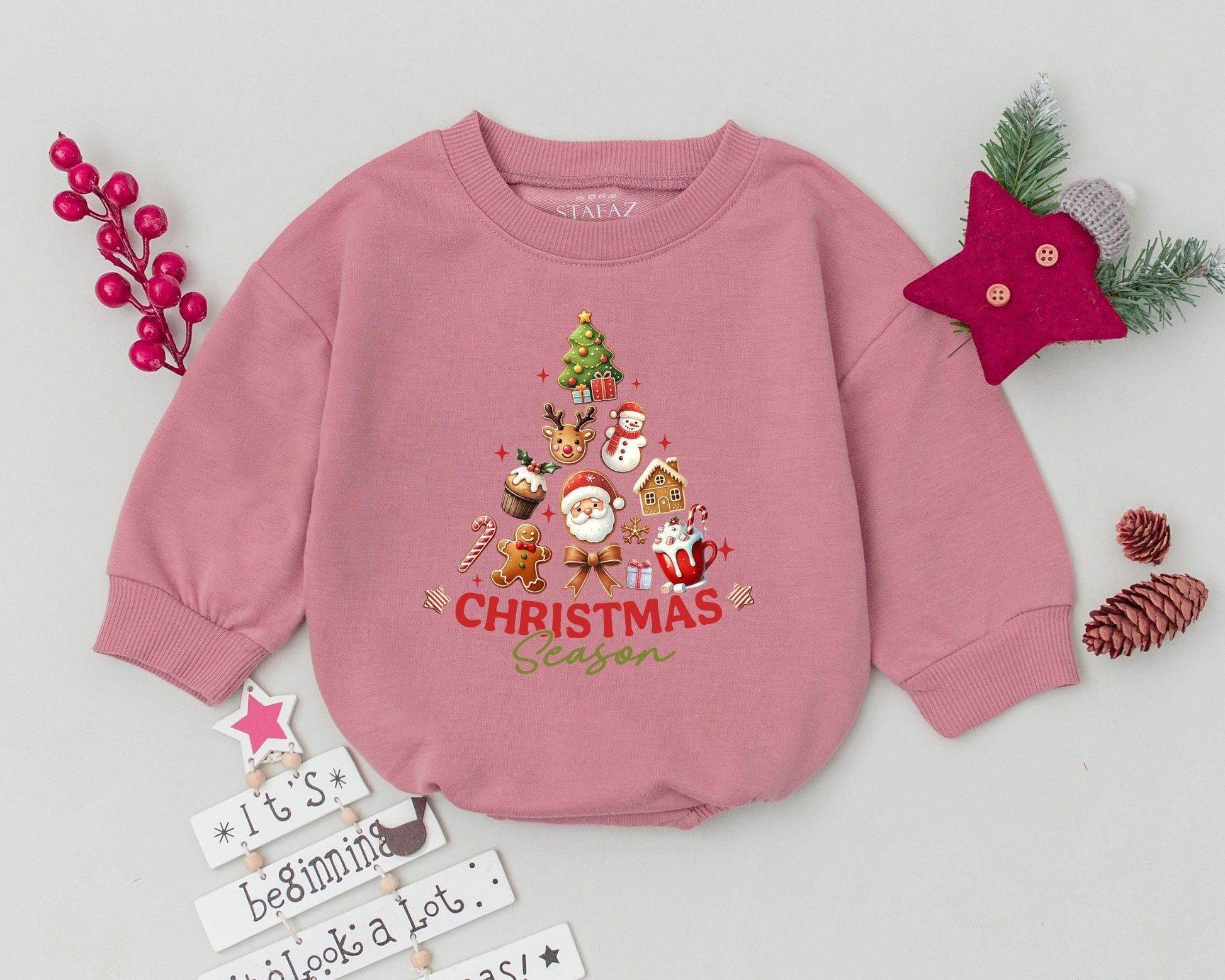 Christmas Season Baby Romper Vintage Whimsical Holiday Newborn Outfit festive Santa reindeer snowman design infant bodysuit gift.