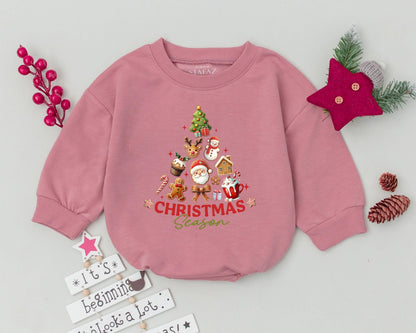 Christmas Season Baby Romper Vintage Whimsical Holiday Newborn Outfit festive Santa reindeer snowman design infant bodysuit gift.