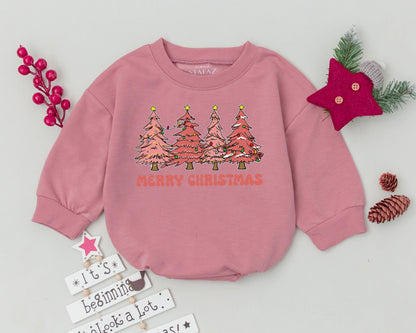 Retro Pink Christmas Tree Romper Whimsical Merry Christmas Baby Outfit Festive Lights and Stars Newborn Bodysuit Soft Infant Holiday Gift