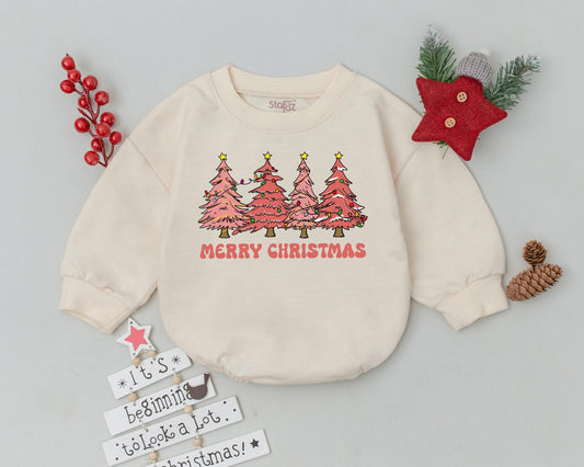 Retro Pink Christmas Tree Romper Whimsical Merry Christmas Baby Outfit Festive Lights and Stars Newborn Bodysuit Soft Infant Holiday Gift