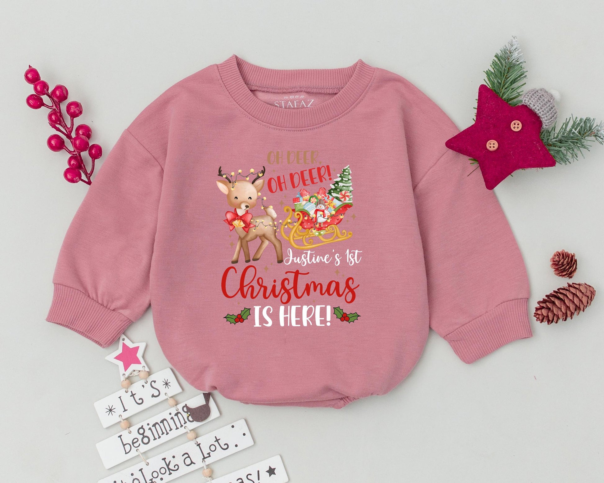 Personalized Oh Deer My First Christmas Baby Romper Reindeer Sleigh Design Festive Holiday Bodysuit Infant Toddler Custom Name Gift