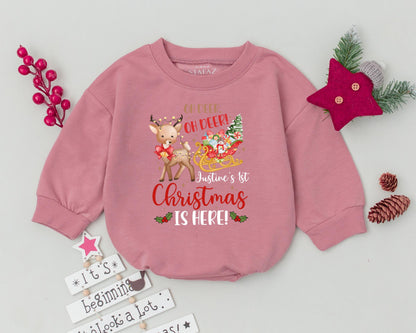 Personalized Oh Deer My First Christmas Baby Romper Reindeer Sleigh Design Festive Holiday Bodysuit Infant Toddler Custom Name Gift