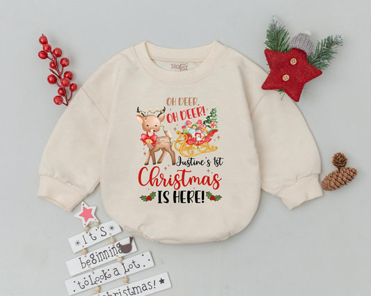 Personalized Oh Deer My First Christmas Baby Romper Reindeer Sleigh Design Festive Holiday Bodysuit Infant Toddler Custom Name Gift