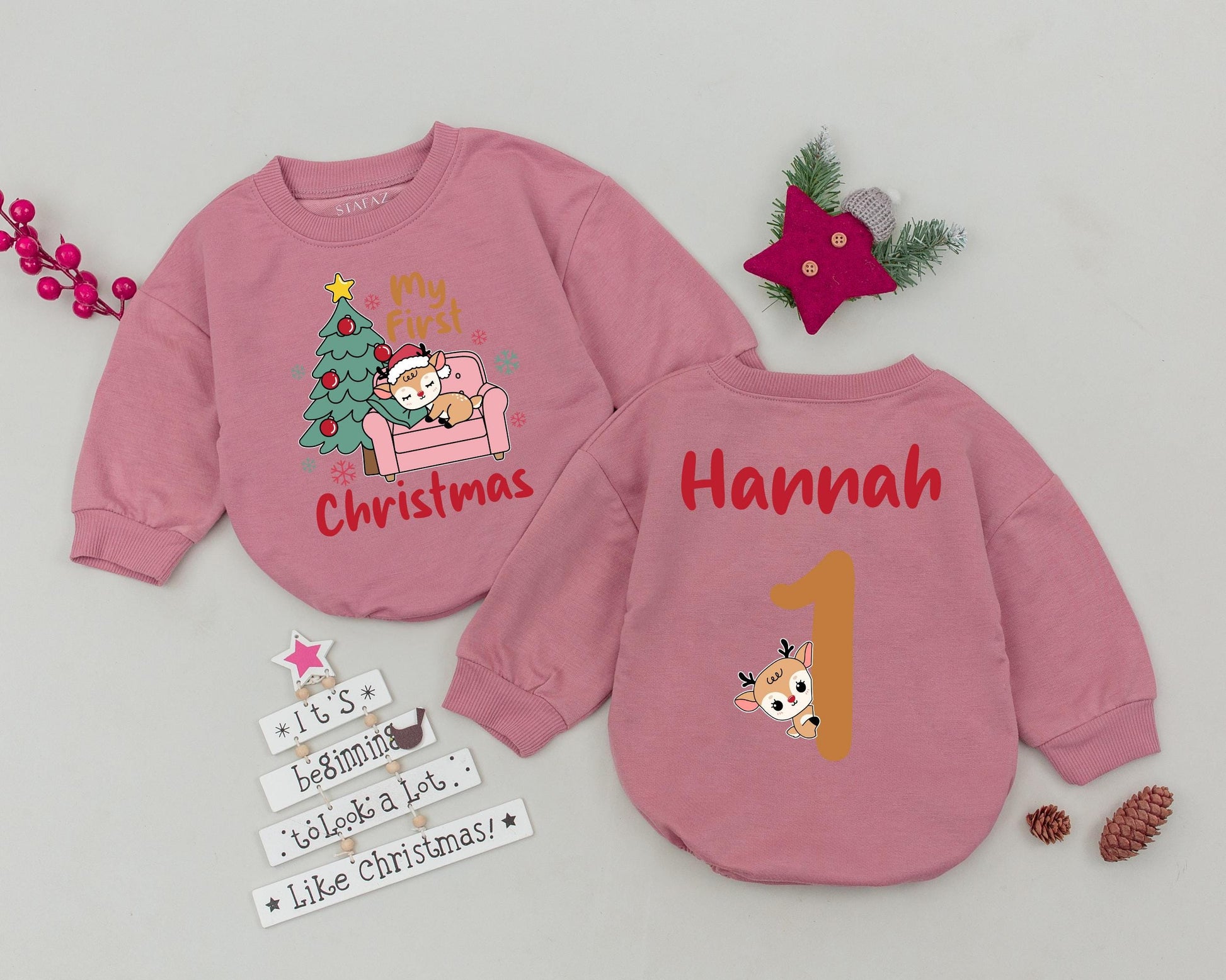Personalized Name and Number One Birthday Romper My First Christmas Baby Girl Infant Toddler Bodysuit Festive Reindeer Christmas Tree
