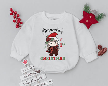 Personalized Name Baby Girl First Christmas Romper Retro Santa Candy Cane Soft Cotton Infant Bodysuit Holiday Toddler Outfit