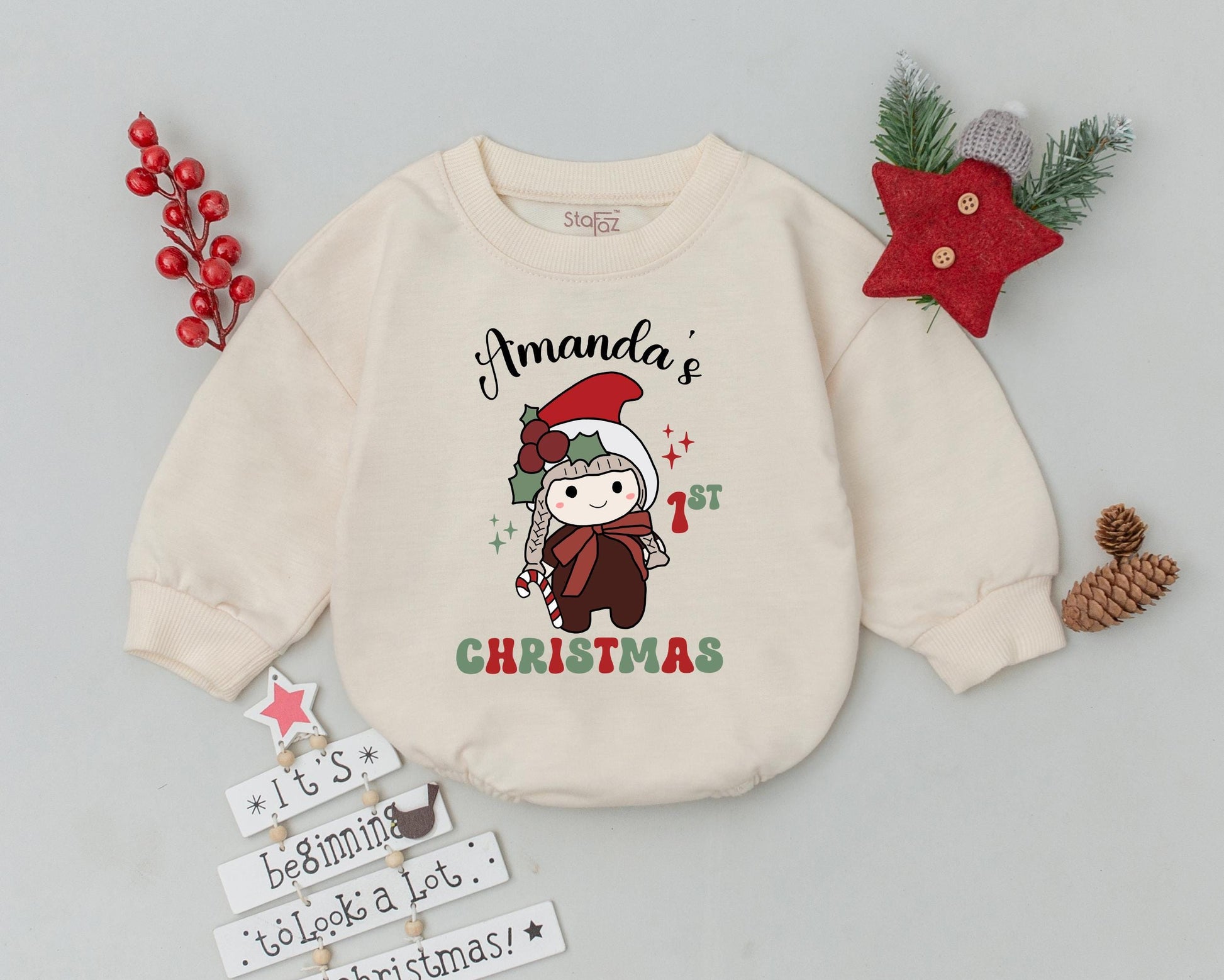 Personalized Name Baby Girl First Christmas Romper Retro Santa Candy Cane Soft Cotton Infant Bodysuit Holiday Toddler Outfit