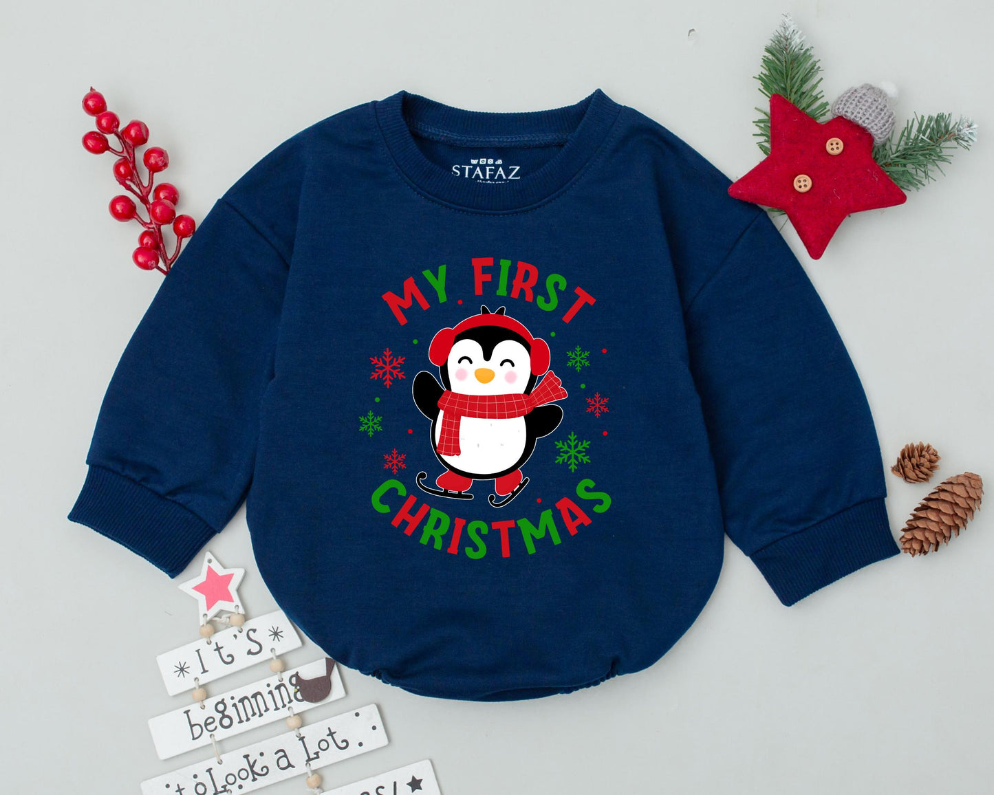 My First Christmas Baby Romper Cute Penguin Skating Design Vibrant Red Green Snowflakes Festive Holiday Outfit Comfortable Cozy Baby Shower Gift