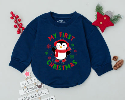 My First Christmas Baby Romper Cute Penguin Skating Design Vibrant Red Green Snowflakes Festive Holiday Outfit Comfortable Cozy Baby Shower Gift