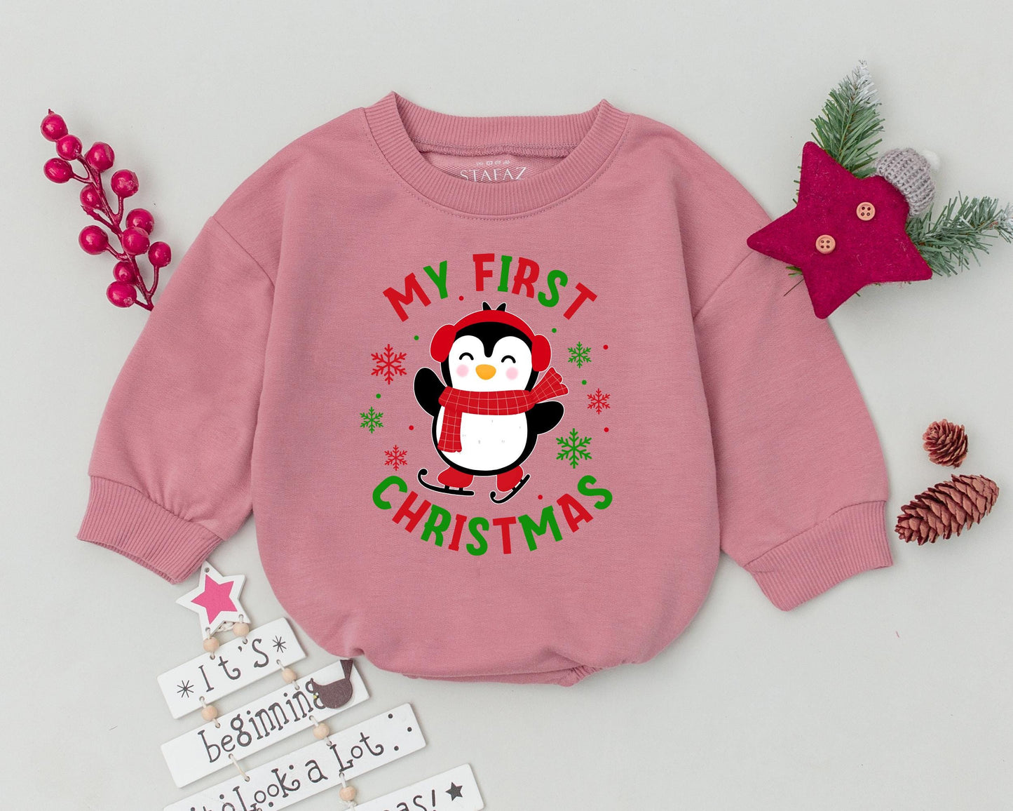 My First Christmas Baby Romper Cute Penguin Skating Design Vibrant Red Green Snowflakes Festive Holiday Outfit Comfortable Cozy Baby Shower Gift