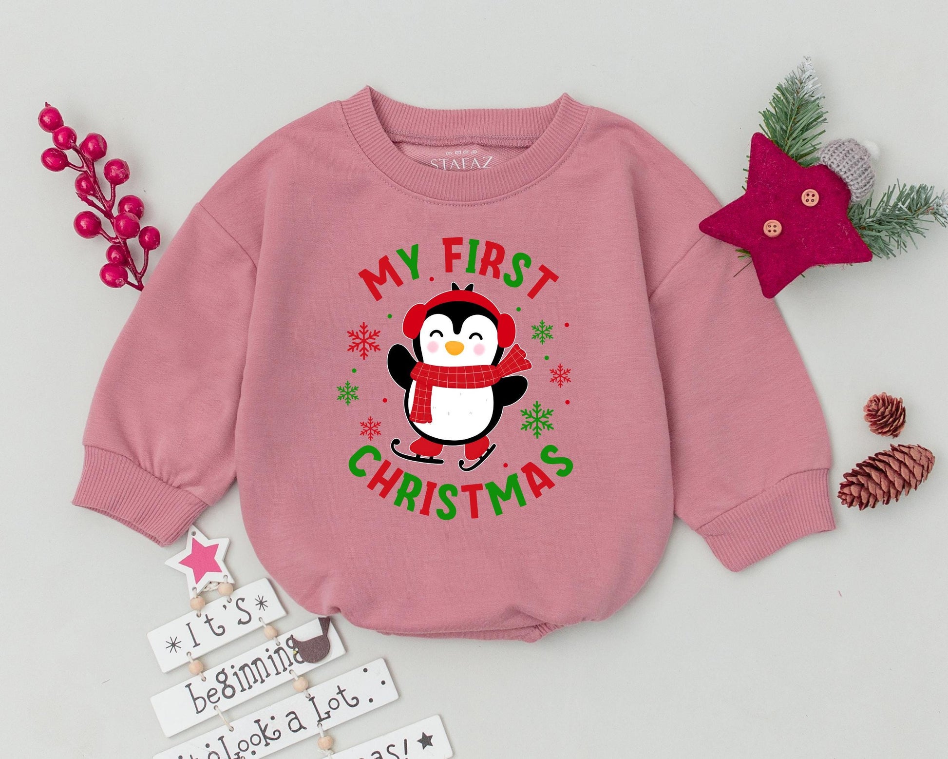 My First Christmas Baby Romper Cute Penguin Skating Design Vibrant Red Green Snowflakes Festive Holiday Outfit Comfortable Cozy Baby Shower Gift