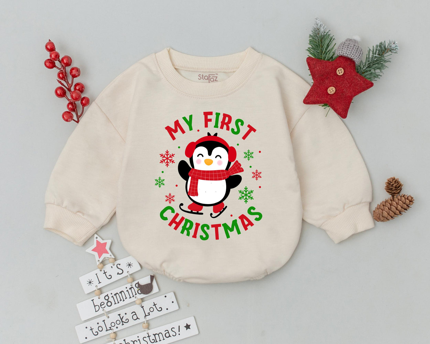 My First Christmas Baby Romper Cute Penguin Skating Design Vibrant Red Green Snowflakes Festive Holiday Outfit Comfortable Cozy Baby Shower Gift