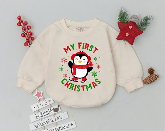 My First Christmas Baby Romper Cute Penguin Skating Design Vibrant Red Green Snowflakes Festive Holiday Outfit Comfortable Cozy Baby Shower Gift