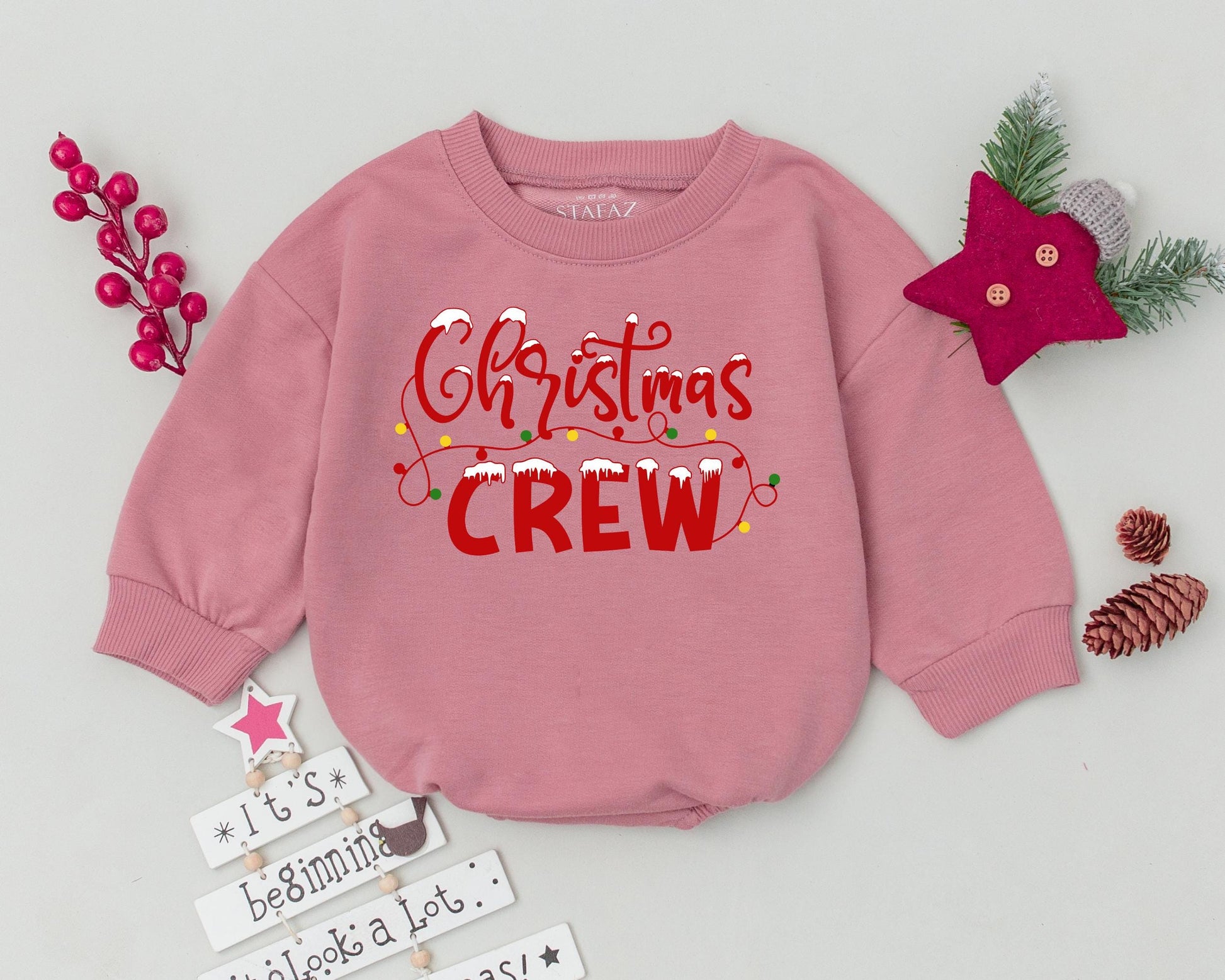 Baby's First Christmas Crew Bubble Romper with Festive Lights Design Newborn Infant Bodysuit Unique Xmas Outfit Baby Shower Gift Cursive Snow Font