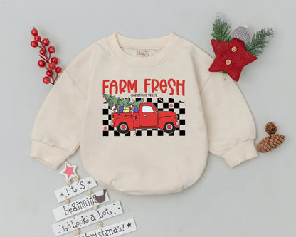Farm Fresh Christmas Truck Romper Baby's First Holiday Outfit Red Pickup Vintage Checkerboard Design Newborn Bodysuit Festive Xmas Infant Gift