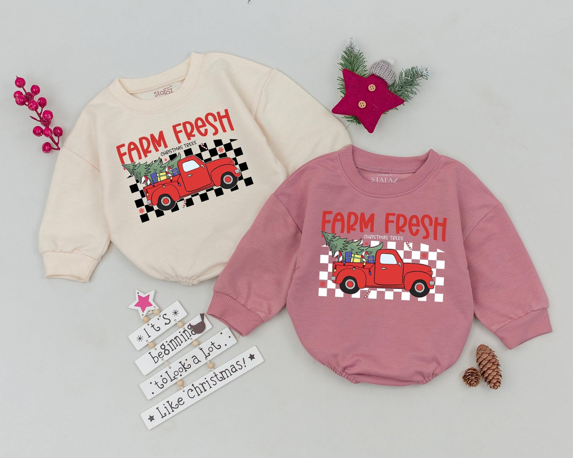 Farm Fresh Christmas Truck Romper Baby's First Holiday Outfit Red Pickup Vintage Checkerboard Design Newborn Bodysuit Festive Xmas Infant Gift