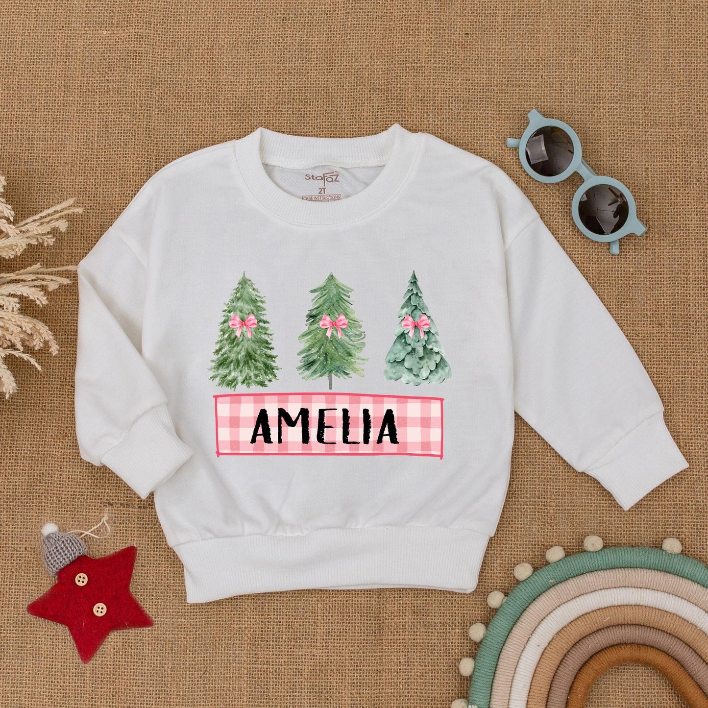 Personalized Christmas Toddler Sweatshirt Featuring Cute Pink Bow Tree Design Custom Name Holiday Season Baby Shower Gift Cozy Kid Infant Outfit