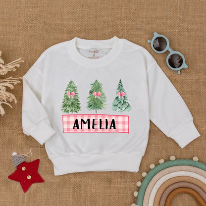 Personalized Christmas Toddler Sweatshirt Featuring Cute Pink Bow Tree Design Custom Name Holiday Season Baby Shower Gift Cozy Kid Infant Outfit