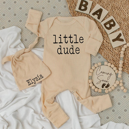 Little Dude Baby Bodysuit & Hat Set Black Text Minimalist Newborn Clothes Long Sleeve Romper Baby Shower Gift