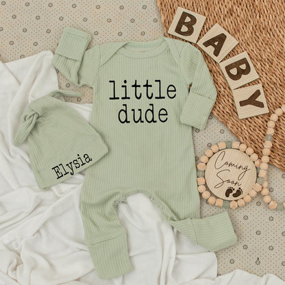 Little Dude Baby Bodysuit & Hat Set Black Text Minimalist Newborn Clothes Long Sleeve Romper Baby Shower Gift