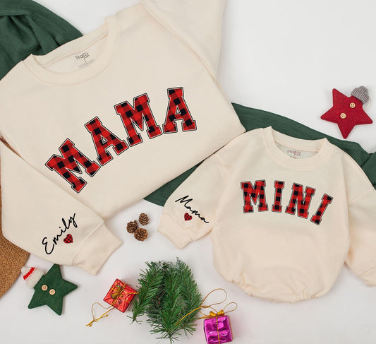 Personalized Mama and Mini Red Buffalo Plaid Sweatshirts for Mom and Baby Matching Christmas Outfits Custom Name on Sleeve Daughter Kid Gift