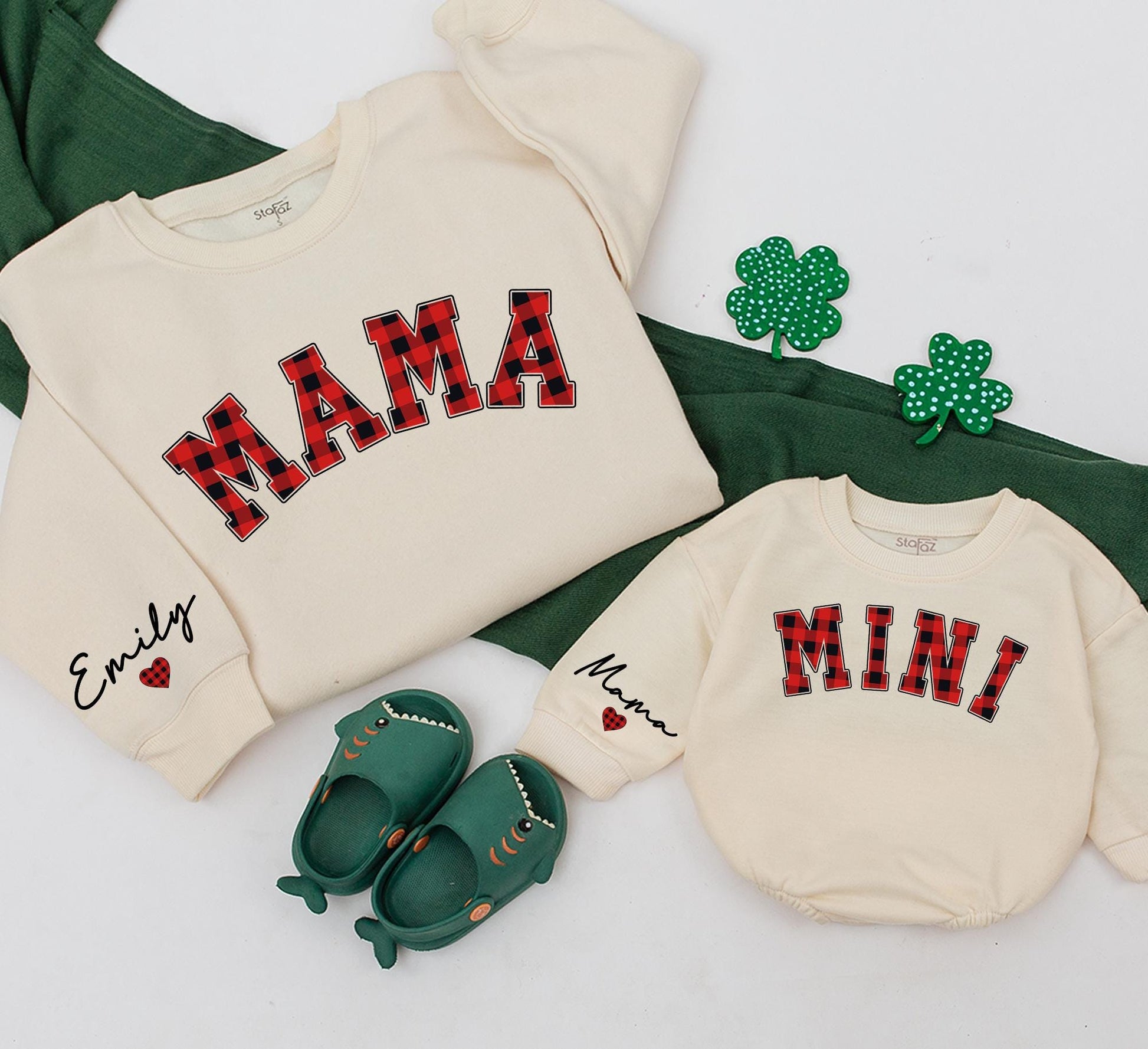 Personalized Mama and Mini Red Buffalo Plaid Sweatshirts for Mom and Baby Matching Christmas Outfits Custom Name on Sleeve Daughter Kid Gift