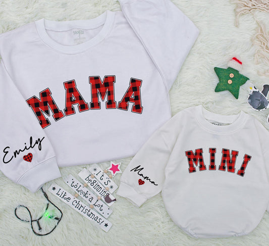 Personalized Mama and Mini Red Buffalo Plaid Sweatshirts for Mom and Baby Matching Christmas Outfits Custom Name on Sleeve Daughter Kid Gift