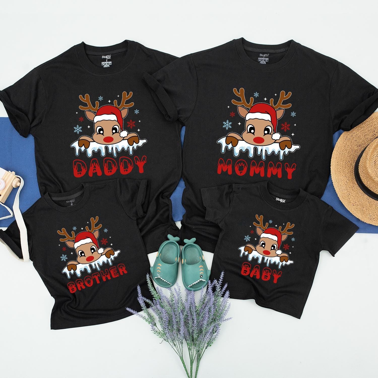 Reindeer Family Matching Christmas Shirts & Baby's First Xmas Gift
