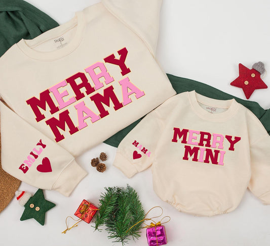 Matching Merry Mama and Mini Sweatshirts, Red-Brown & Pink Christmas Family Outfits, Personalized Mommy & Me Matching Set, Baby Girl Winter Gift