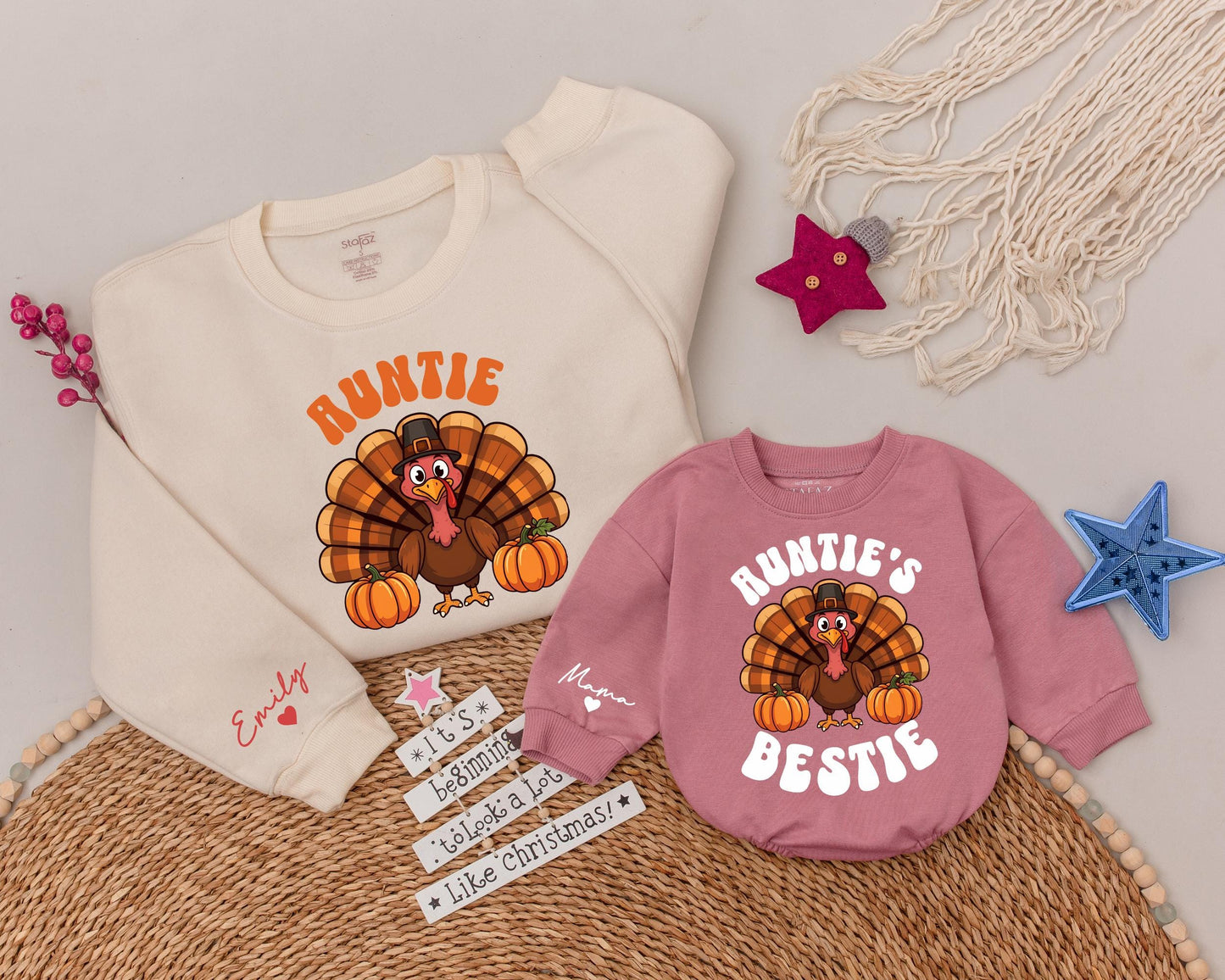 Auntie & Bestie Thanksgiving Sweaters, Fall Matching Family Gift