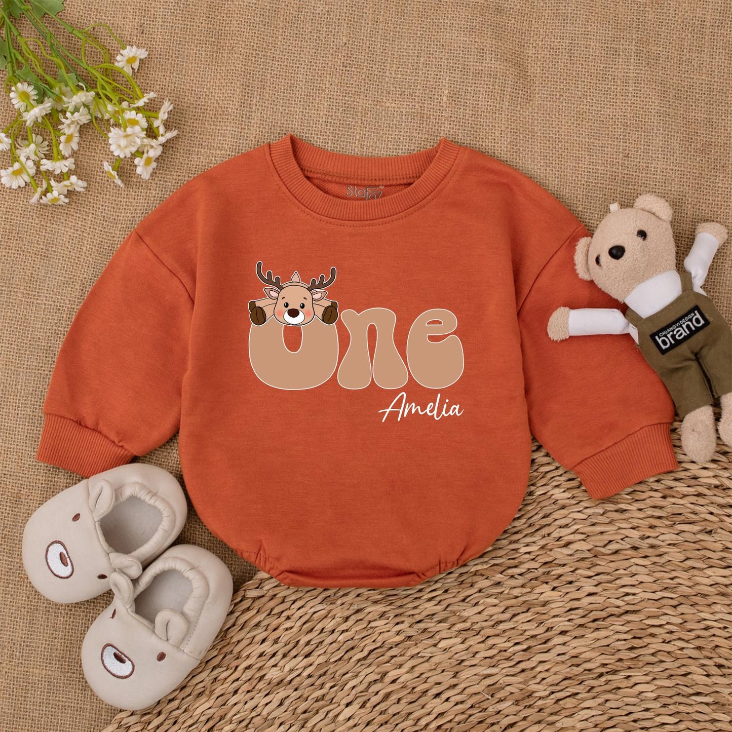 First Christmas Bubble Romper - Personalized Baby Reindeer Outfit