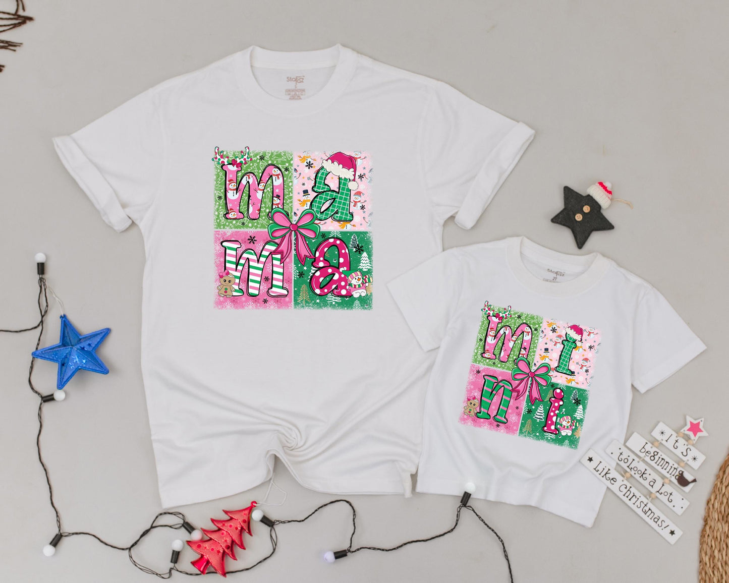 Festive Pink Christmas Shirts, Mama & Mini, Personalized Holiday Fun