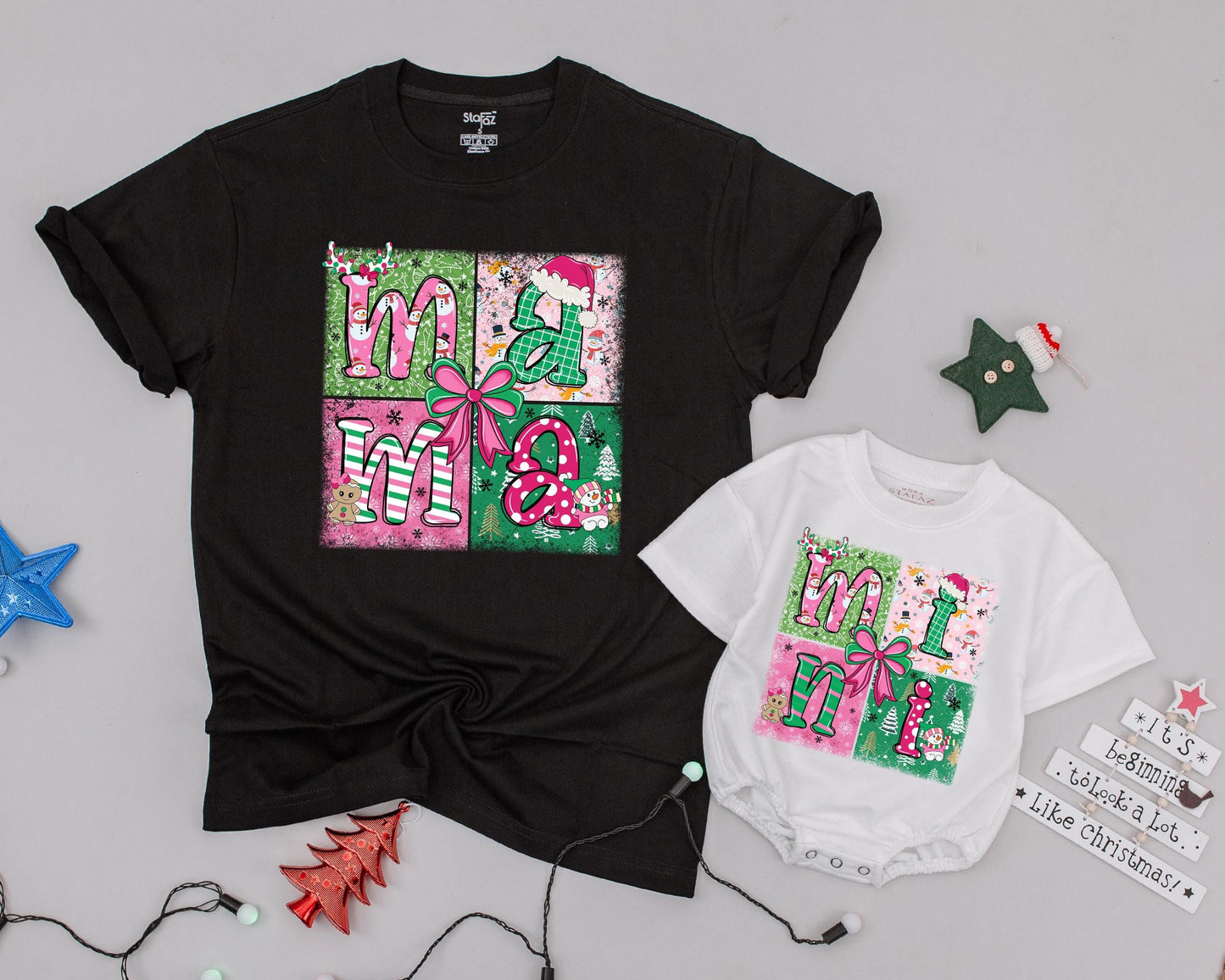 Festive Pink Christmas Shirts, Mama & Mini, Personalized Holiday Fun