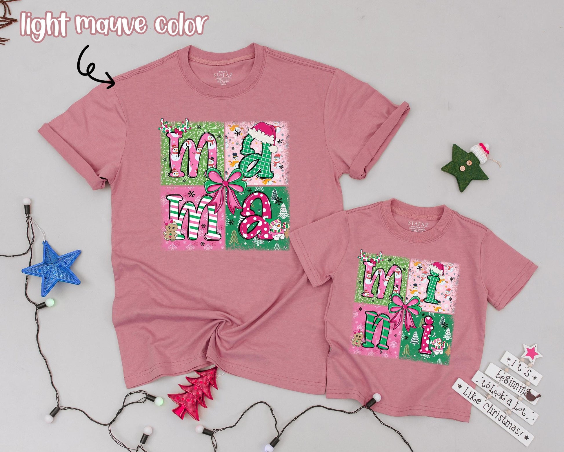 Festive Pink Christmas Shirts, Mama & Mini, Personalized Holiday Fun