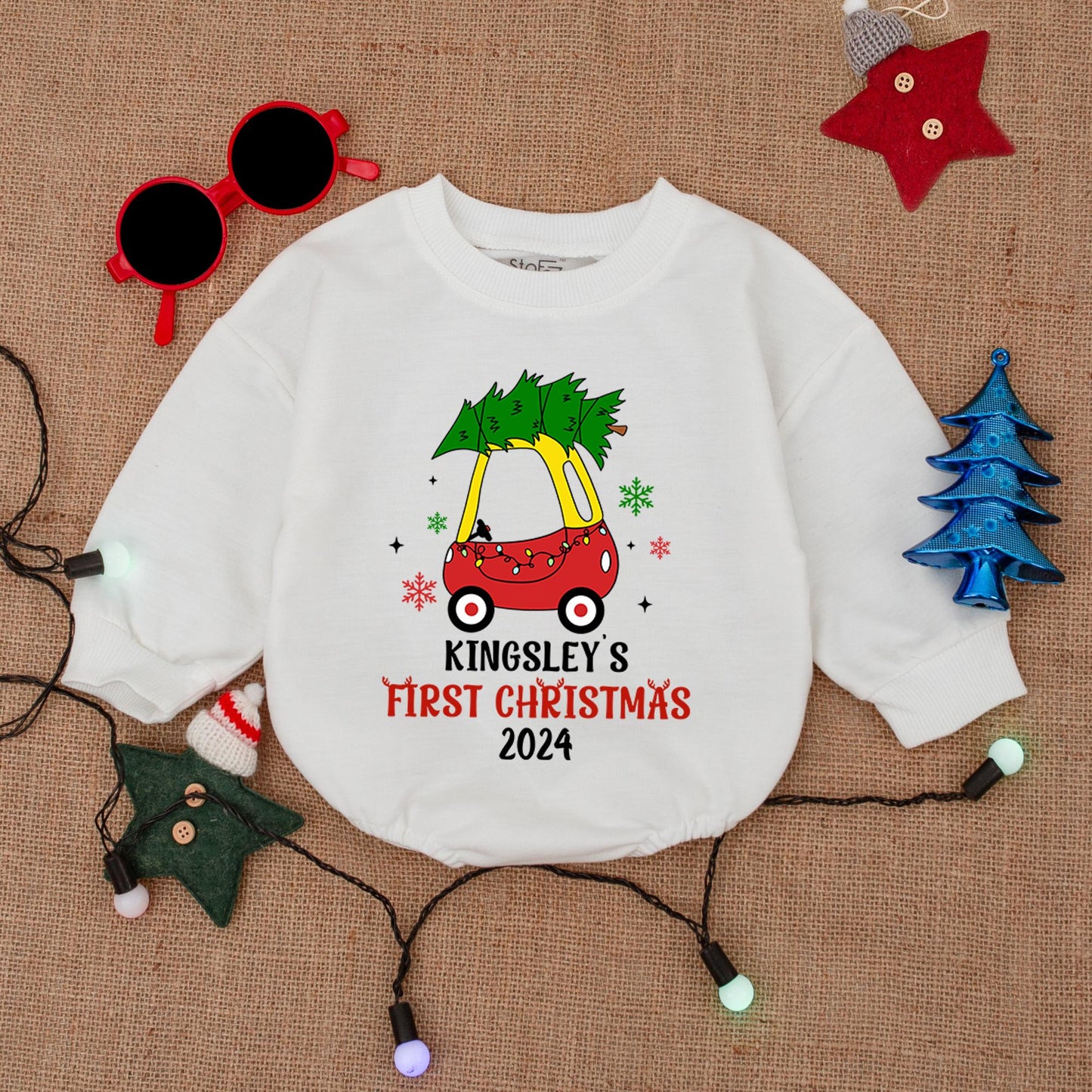 Baby’s First Christmas Bubble Romper – Festive Red Car Bodysuit