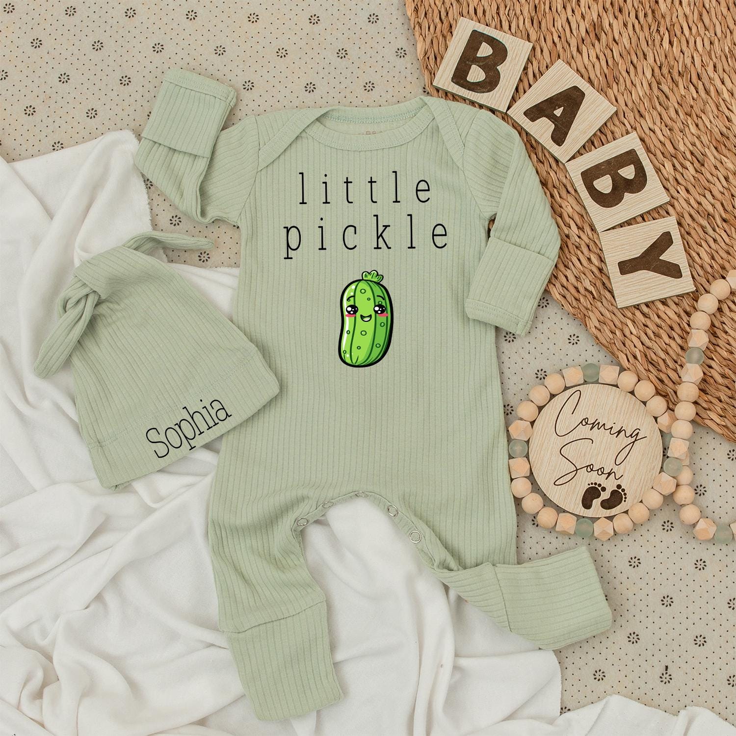 Little Pickle Baby Bodysuit & Hat Set, Sophia Name on Hat, Cute Green Pickle Design, Unisex Infant Romper, Baby Girl/Boy Gift, Pregnancy Announcement