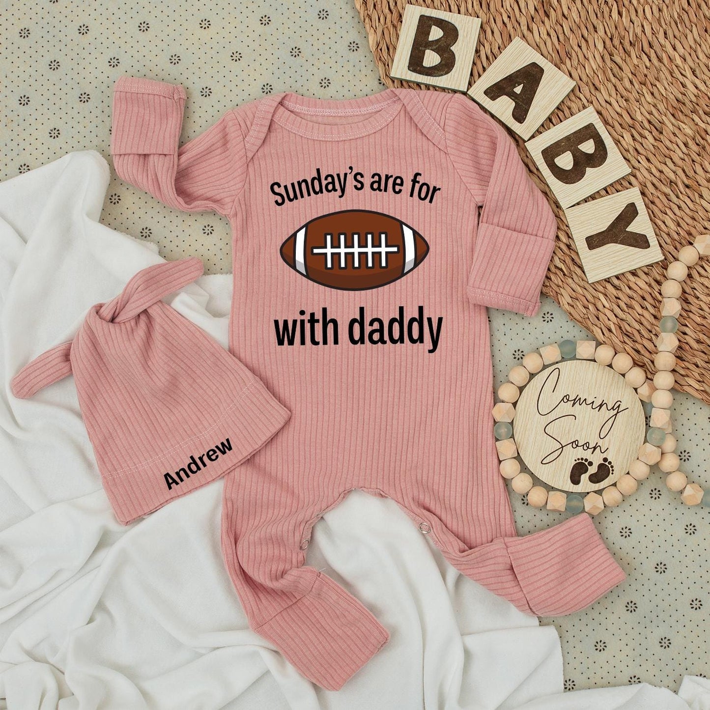 Personalized Andrew Sunday Football Baby Bodysuit Hat Set with Daddy Game Day Theme Infant Boy Soft Comfortable Gift