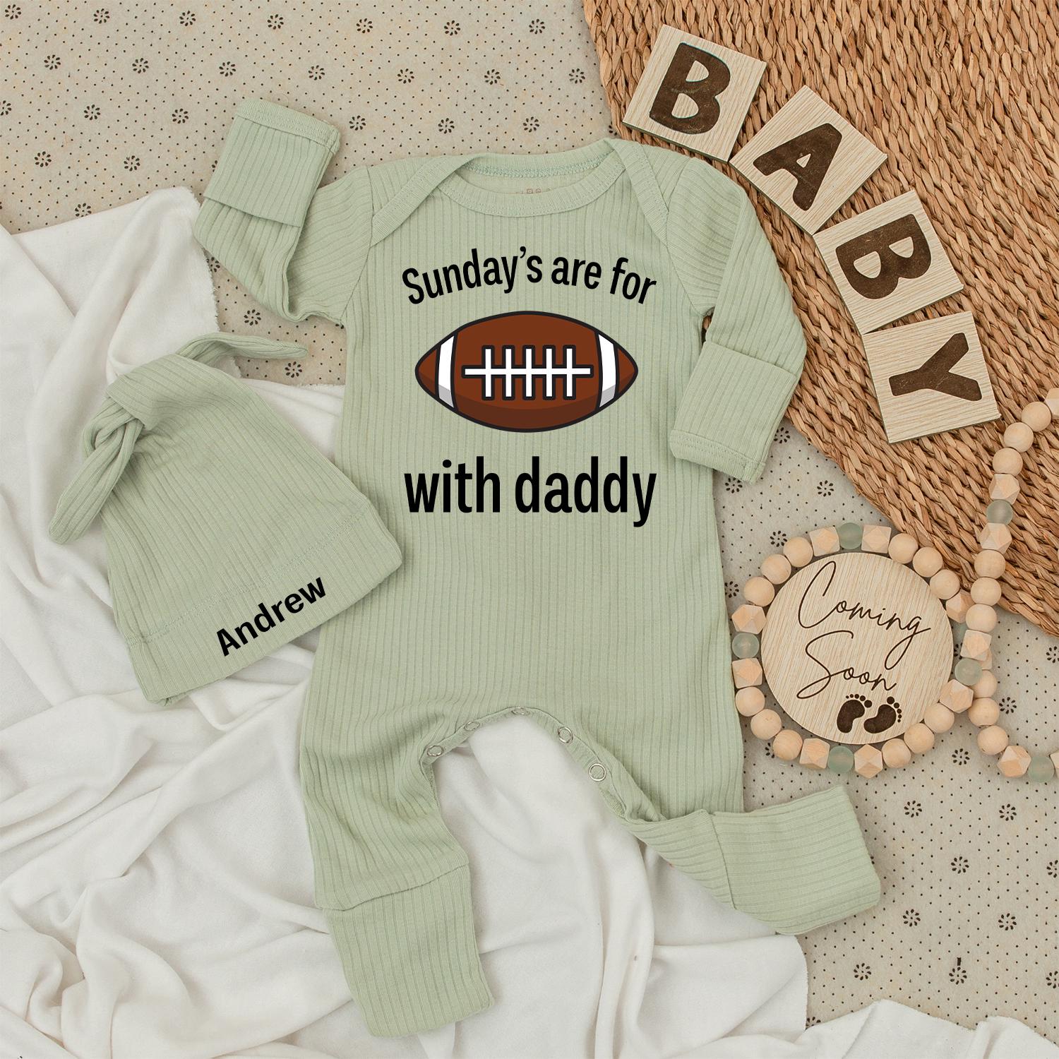 Personalized Andrew Sunday Football Baby Bodysuit Hat Set with Daddy Game Day Theme Infant Boy Soft Comfortable Gift