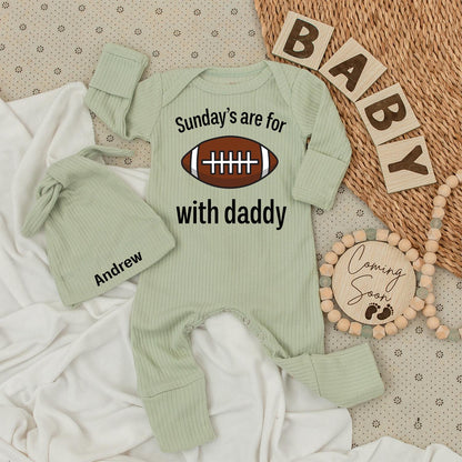 Personalized Andrew Sunday Football Baby Bodysuit Hat Set with Daddy Game Day Theme Infant Boy Soft Comfortable Gift
