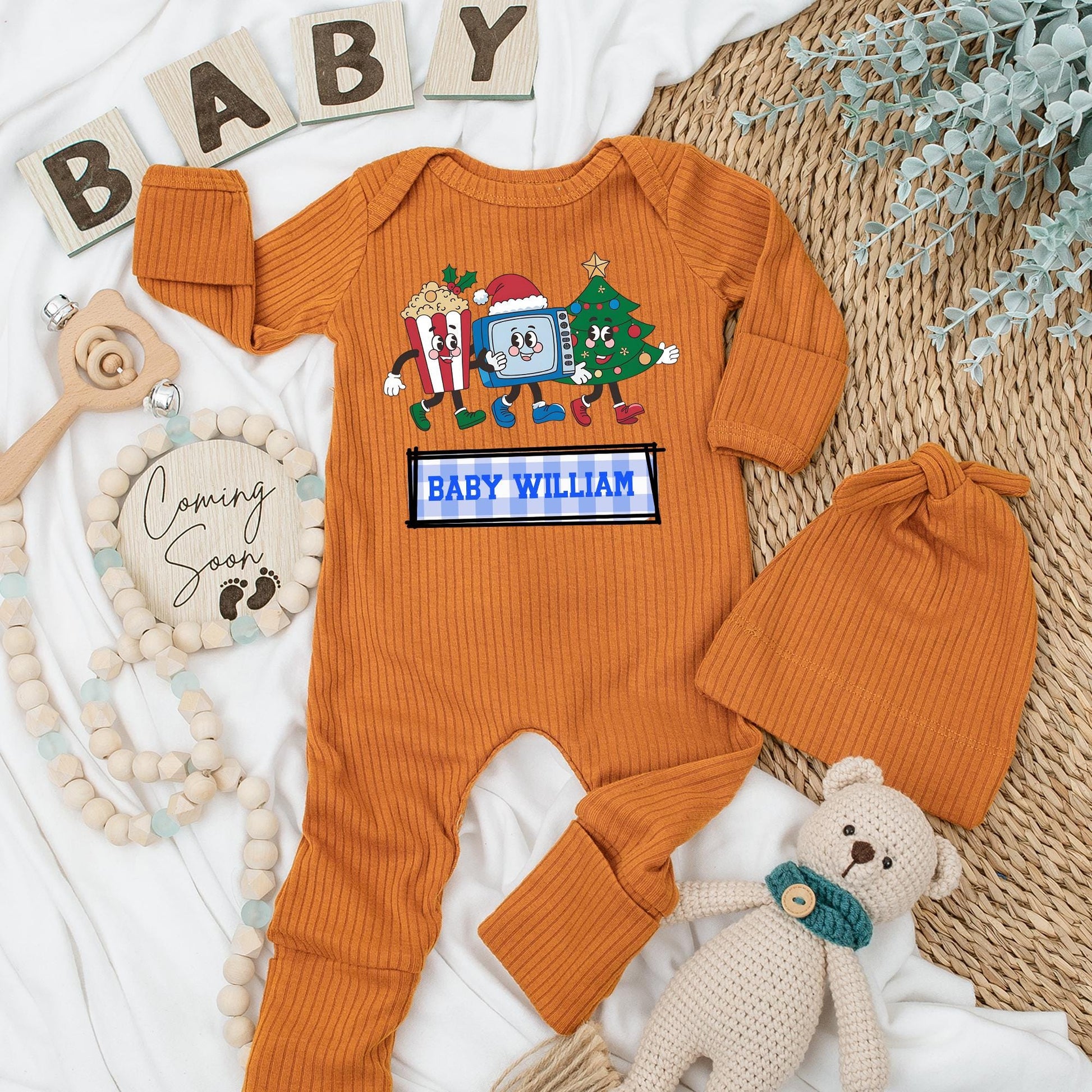Personalized Retro Christmas Baby Bodysuit & Hat Set, Custom Name Holiday Romper, Infant Clothes with Cartoon TV, Popcorn, Tree—First Christmas Outfit (138 chars)