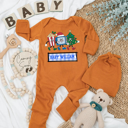 Personalized Retro Christmas Baby Bodysuit & Hat Set, Custom Name Holiday Romper, Infant Clothes with Cartoon TV, Popcorn, Tree—First Christmas Outfit (138 chars)
