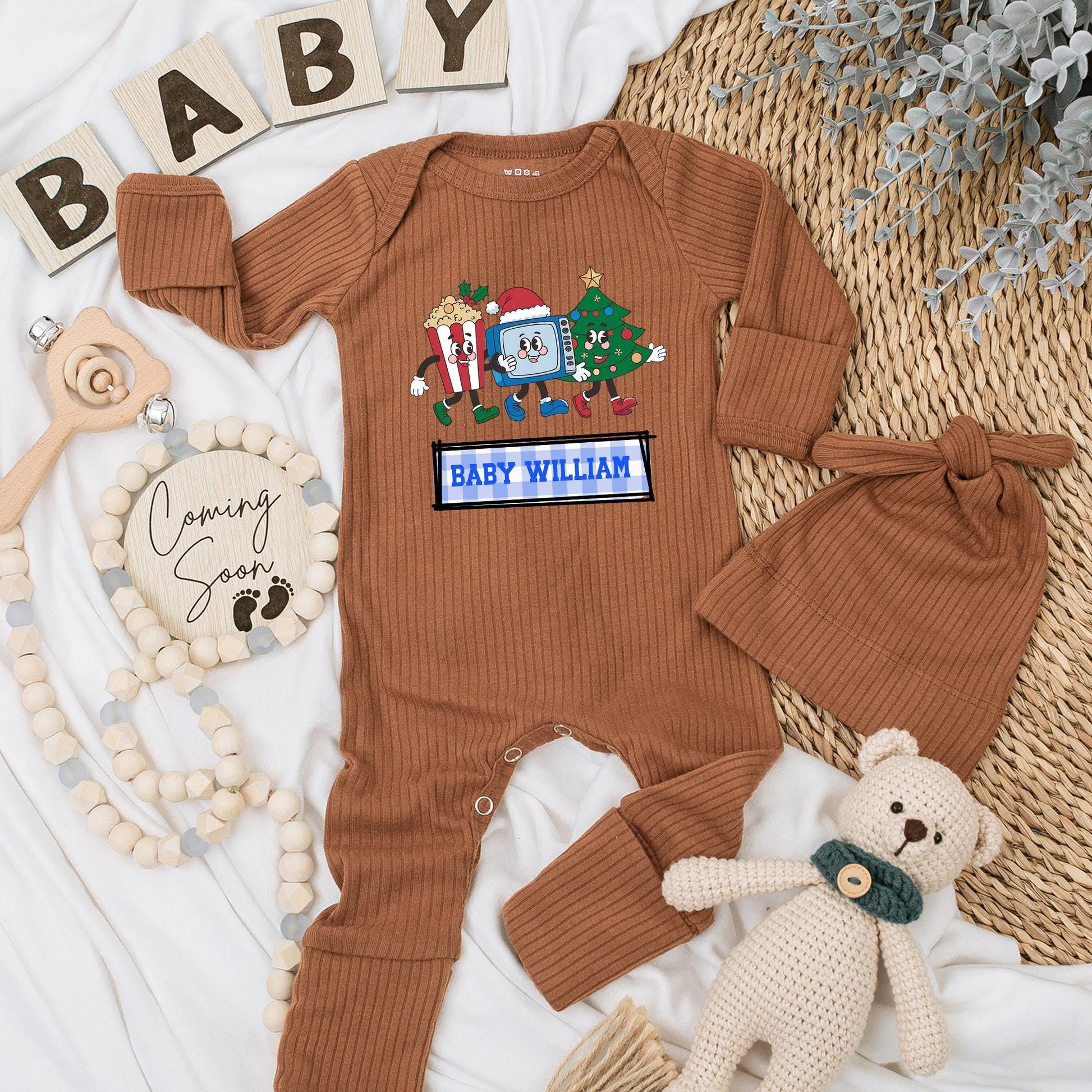 Personalized Retro Christmas Baby Bodysuit & Hat Set, Custom Name Holiday Romper, Infant Clothes with Cartoon TV, Popcorn, Tree—First Christmas Outfit (138 chars)