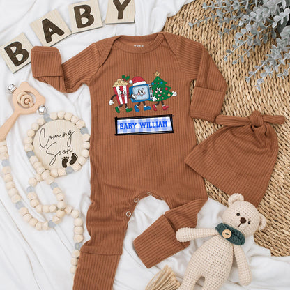Personalized Retro Christmas Baby Bodysuit & Hat Set, Custom Name Holiday Romper, Infant Clothes with Cartoon TV, Popcorn, Tree—First Christmas Outfit (138 chars)