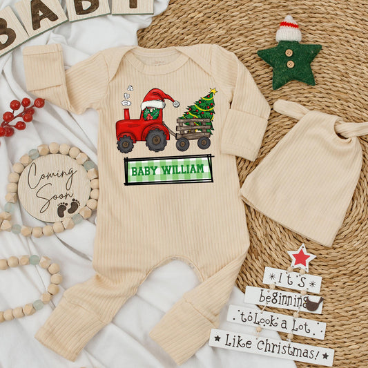 Personalized Baby William Christmas Tractor Bodysuit and Hat Set Newborn Holiday Outfit Red Santa Tractor Gift for Boys Girls