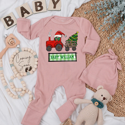 Personalized Baby William Christmas Tractor Bodysuit and Hat Set Newborn Holiday Outfit Red Santa Tractor Gift for Boys Girls